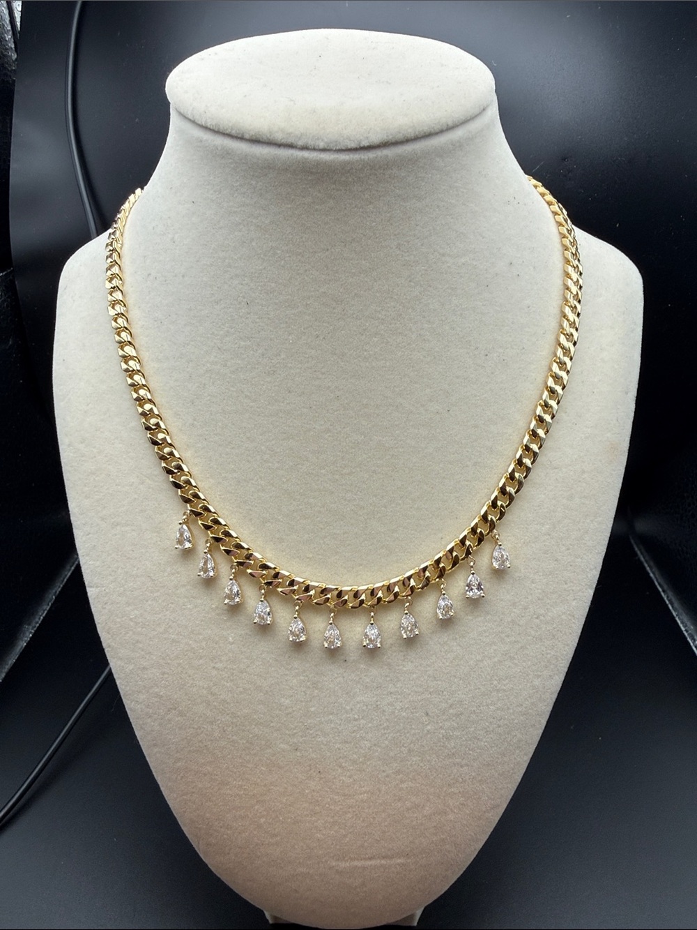 Adina Eden Gold brass Necklace with Clear Teardrop Crystals 16-18 in nwt